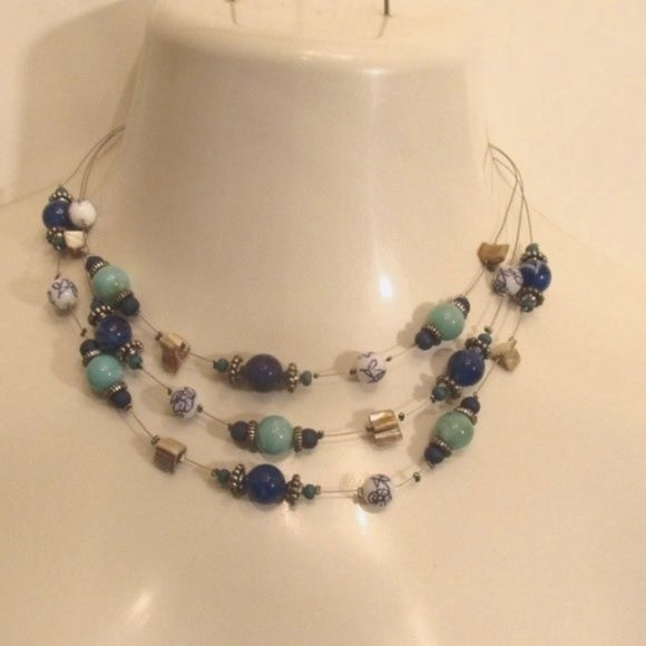 Layered Glass Genuine Stones MOP Stainless Steel Floating Necklace - Picture 1 of 12